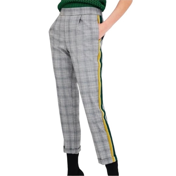 Zara Pants - Zara Cigarette Pants Trouser Plaid Side Stripe Gray Green Yellow XS